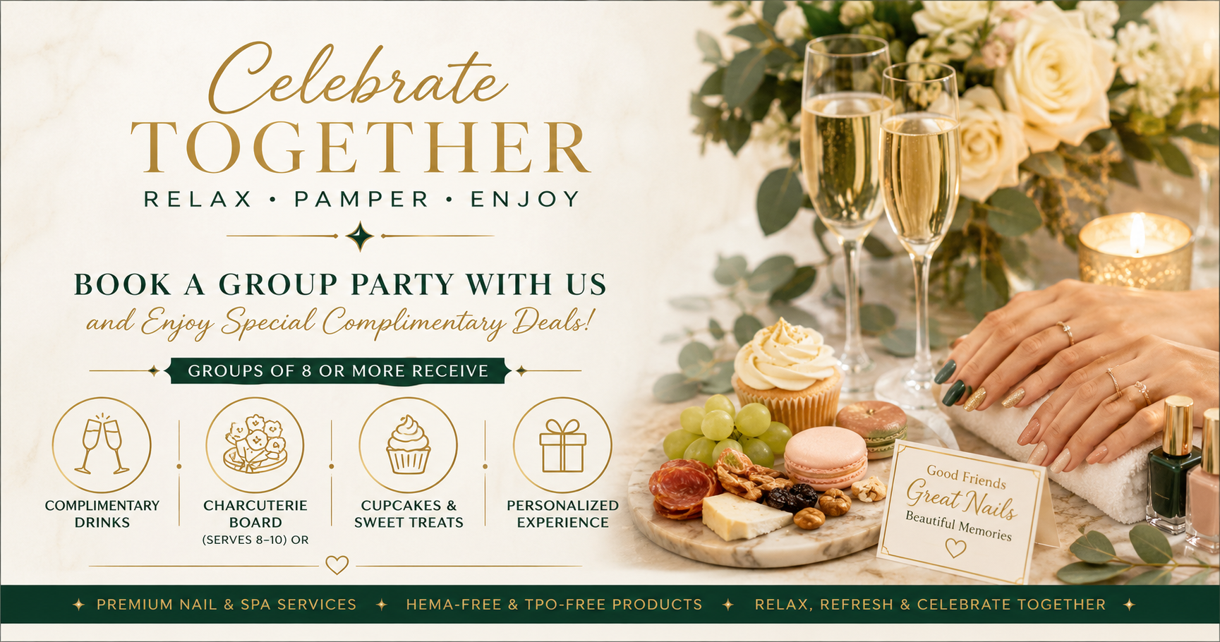 Celebrate Together — book a group party at La Bella Nail and Spa, groups of 8+ receive complimentary drinks, charcuterie, cupcakes and a personalized experience